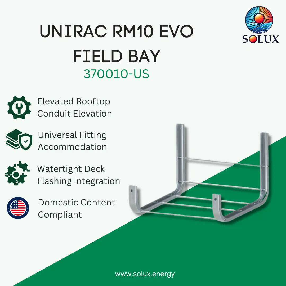 Technical product graphic for the UNIRAC RM10 EVO FIELD BAY conduit bracket, model 370010-US, by Solux. The image features a silver metal bracket on a split white and green background with key product features listed on the left.